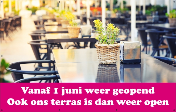 Terras en restaurant weer open spandoek